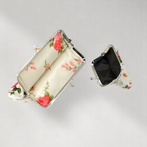 Vintage Floral Rose Coin Purse Set – Elegant 2-Piece Canvas Kiss Lock Clutch Duo - Picture 5 of 6